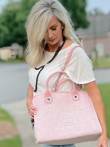 Chloe Pink Tweed tote with Pearl Design